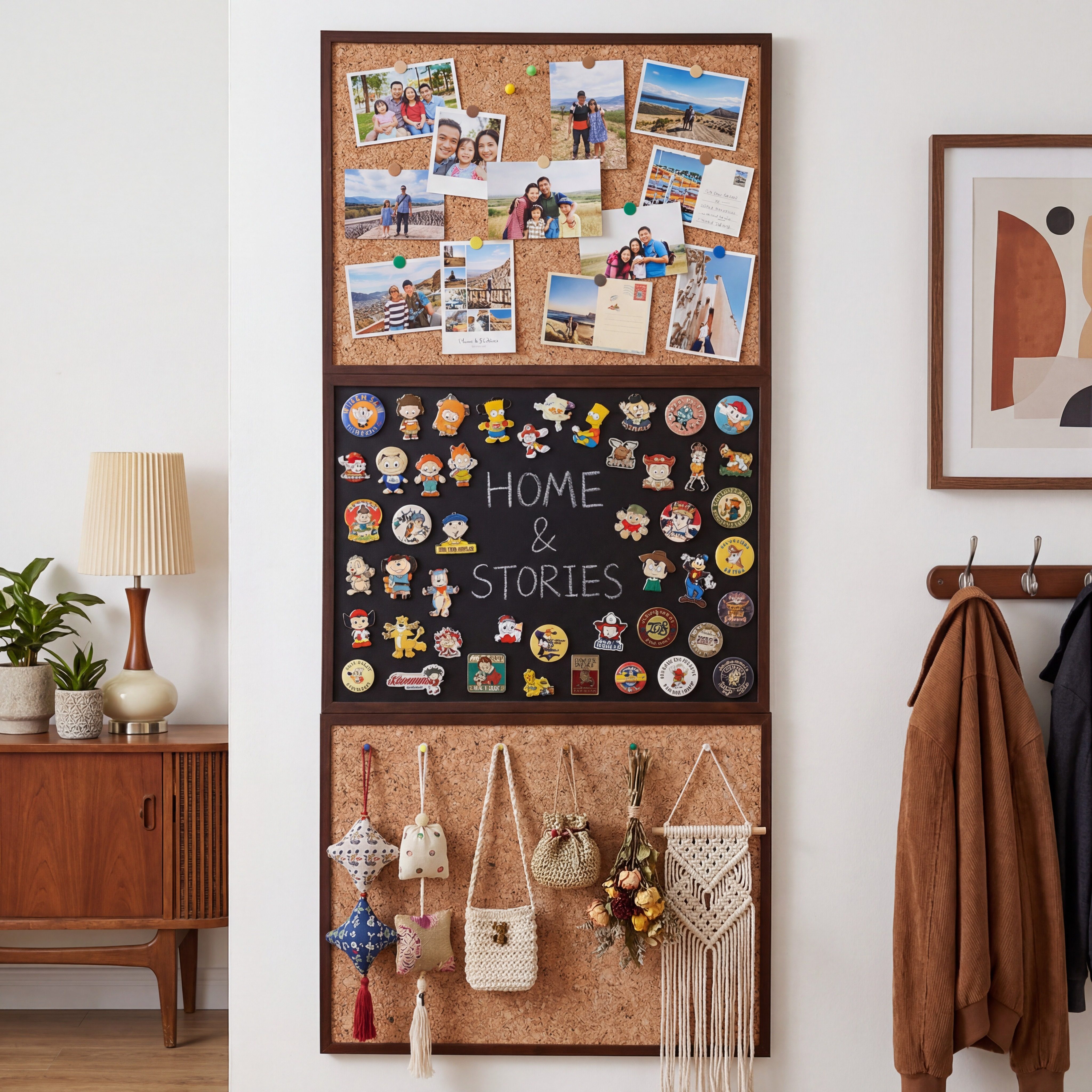 黑板软木板组合磁吸照片墙客厅创意diy背景板磁吸冰箱贴收纳卧室玄关展示板高级感装饰相片展示墙实木小尺寸