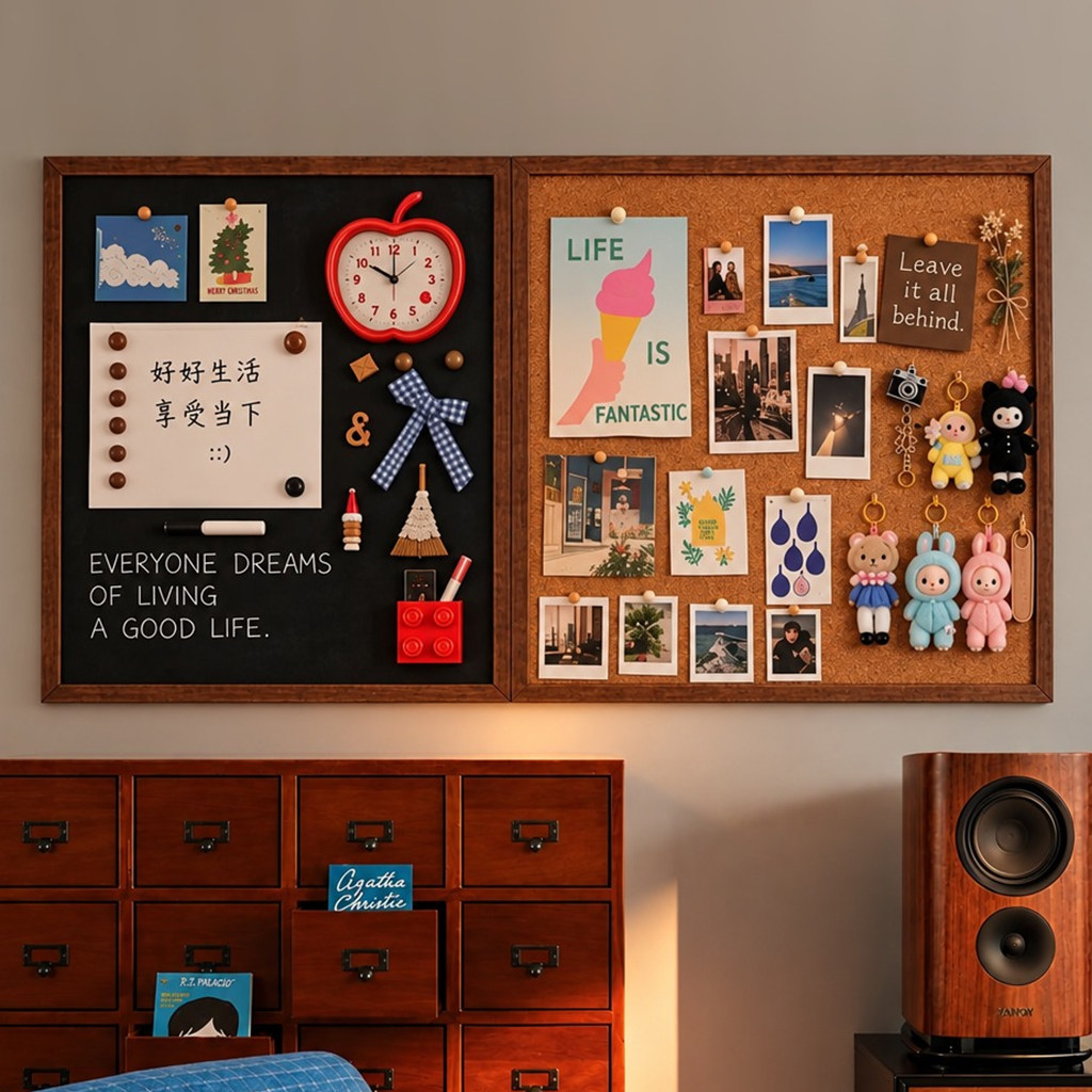 高级感实木框软木板黑板照片墙