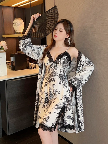 Осенняя сексуальная пижама, летний шелковый кружевной топ с чашечками, юбка, лонгслив, банный халат, комплект, изысканный стиль, эффект подтяжки