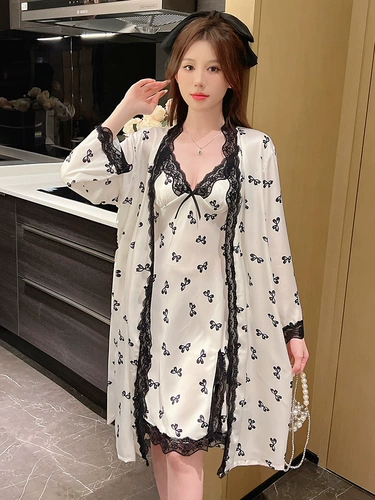 Осенняя сексуальная пижама, летний шелковый кружевной топ с чашечками, юбка, лонгслив, банный халат, комплект, изысканный стиль, эффект подтяжки