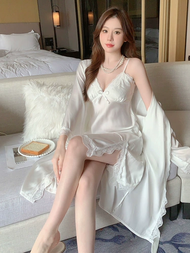 Осенняя сексуальная пижама, летний шелковый кружевной топ с чашечками, юбка, лонгслив, банный халат, комплект, изысканный стиль, эффект подтяжки