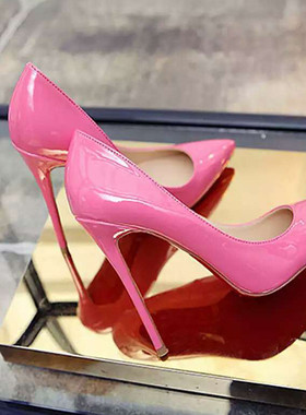 12cm超高跟鞋女细跟漆皮裸色性感7cm特大码反串42 43 44 45 46 48