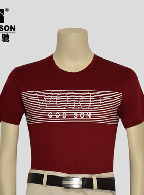 高驰男装夏季薄款圆领净色T恤时尚字母印花条纹桑蚕丝透气短袖