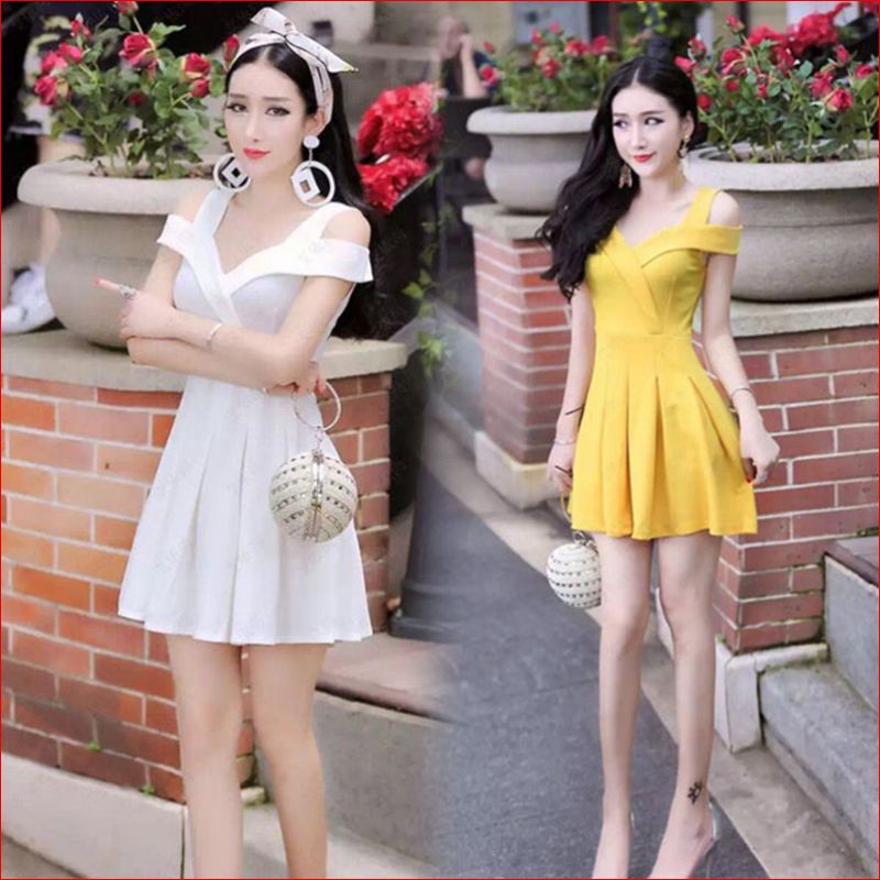 夜场女装性感气质女夏裙子2019新款韩版显瘦V领露肩皱褶a字连衣裙(非品牌)