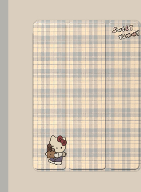 格纹卡通kt猫2021/20/19新款ipad适用air4/3/2气囊保护套10.2/9.7寸平板2018笔槽pro11三折mini4/5苹果123壳6