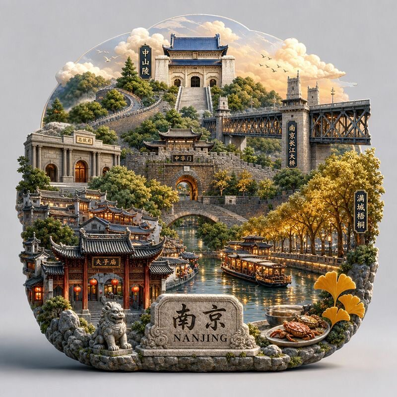 南京梧桐夫子庙景点金属浮雕冰箱贴旅游纪念品文创伴手礼国潮装饰