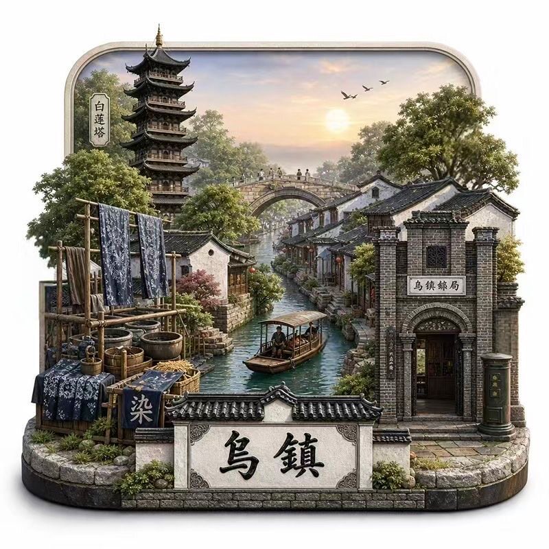 【乌镇】金属浮雕冰箱贴浙江嘉兴江南水乡磁吸旅游建筑古风文创