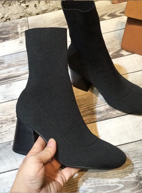 2025秋冬靴子小码31方头32粗跟33针织大码41-43瘦瘦靴7女中筒袜子