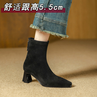 小码3233短靴女瘦瘦靴秋冬粗跟高跟鞋大码绒面弹力靴子中筒高跟靴