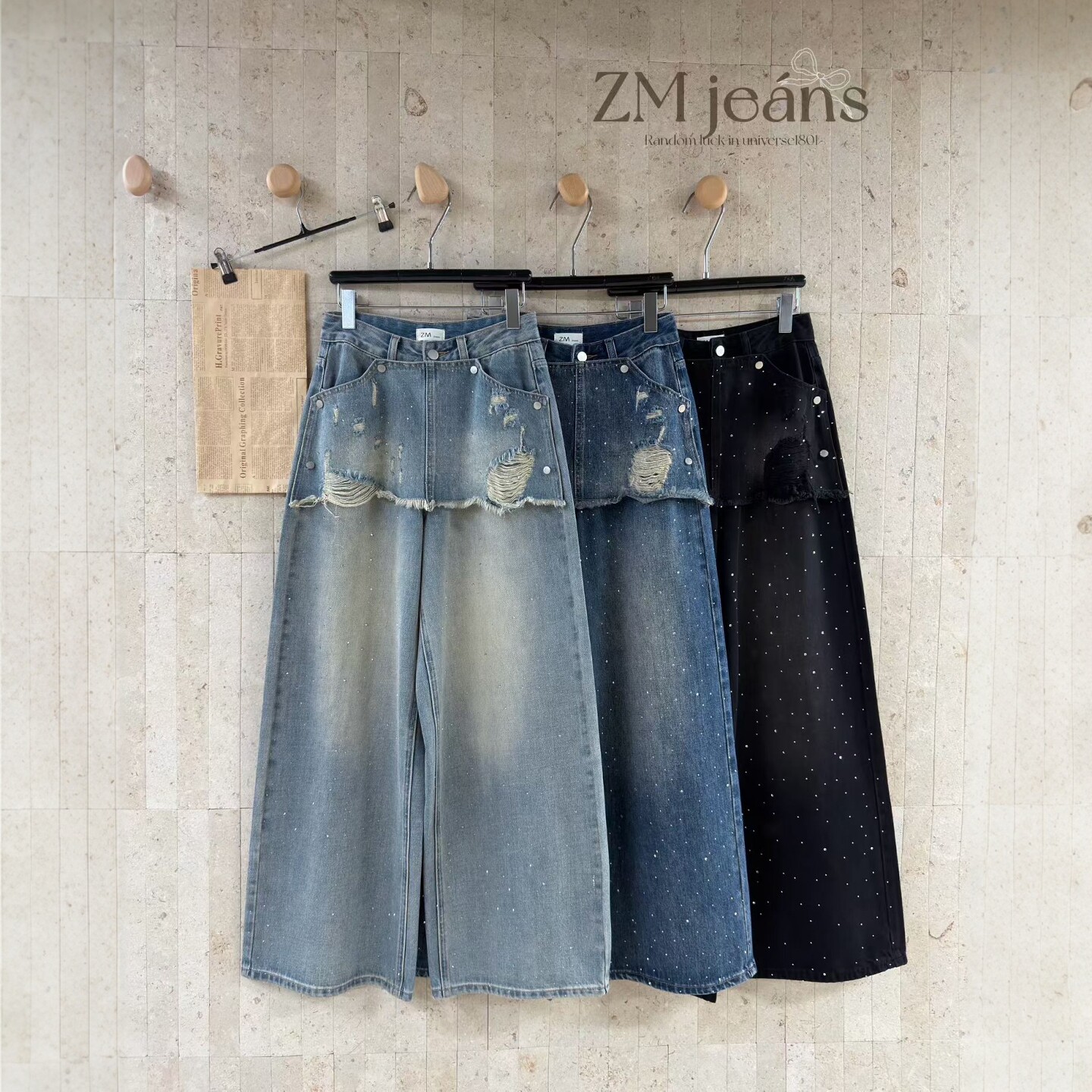 2026春季新款直筒裤女小众设计毛边屁帘拼接高级感重工烫钻牛仔裤