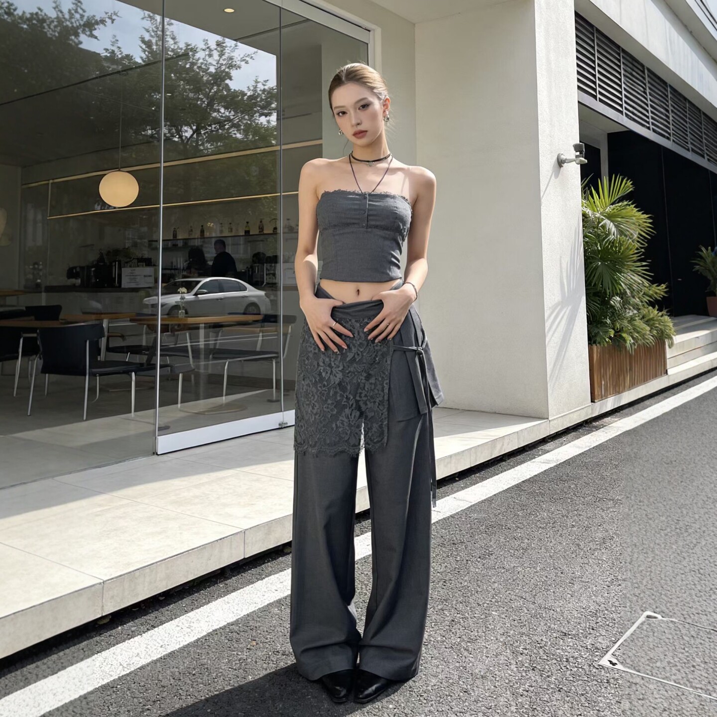 直筒西装裤女2026春季新款设计感蕾丝屁帘拼接百搭高腰阔腿休闲裤