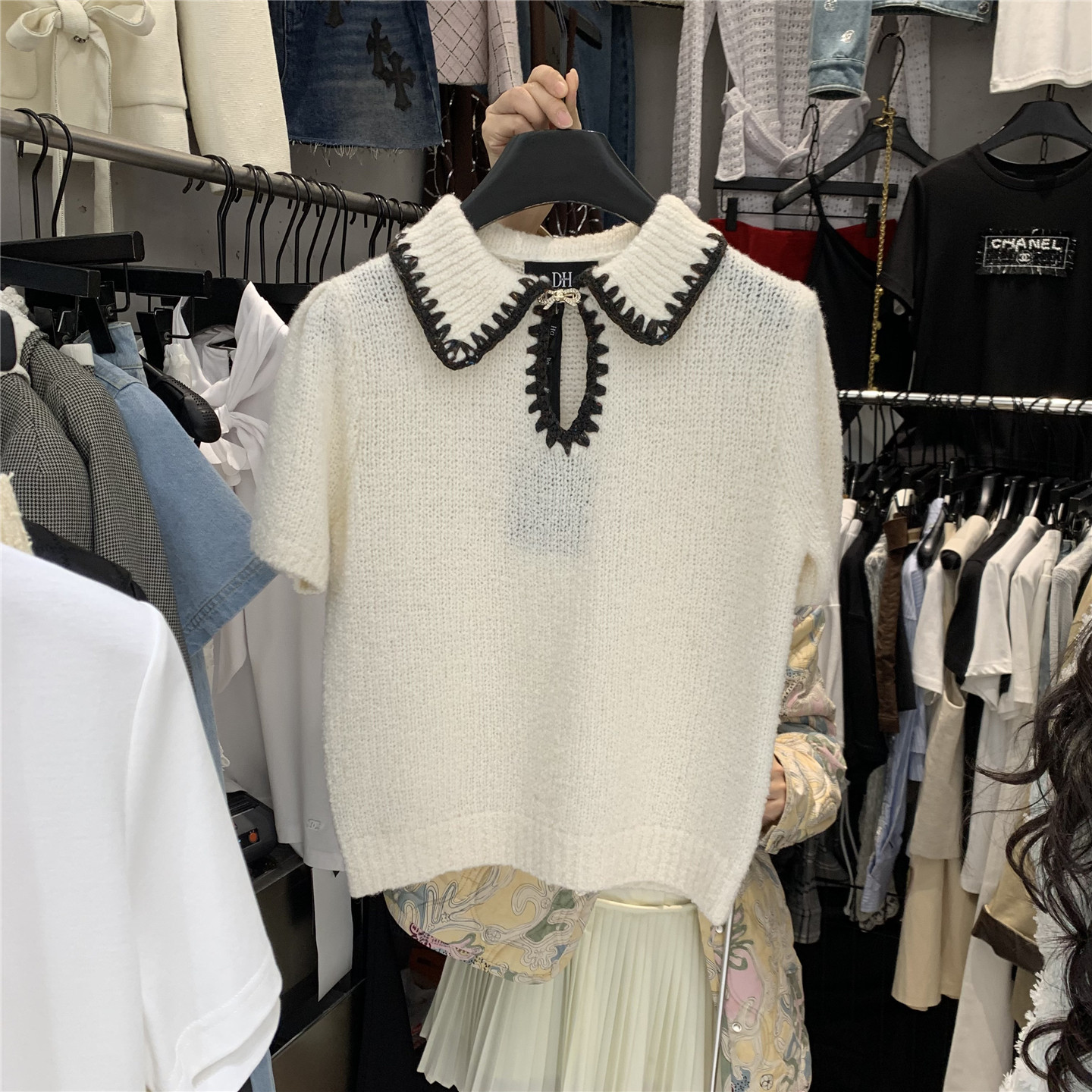 DH2026春季新款韩版甜美气质娃娃领性感镂空百搭短袖针织衫上衣