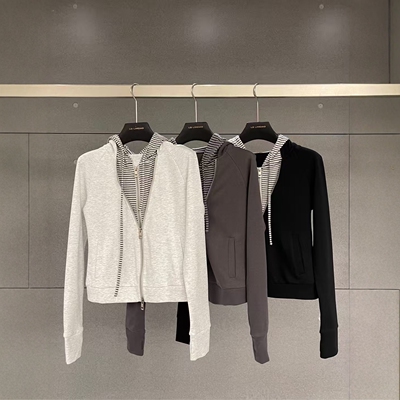 连帽条纹拼接假两件卫衣外套