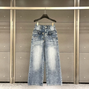 欧货2026春季新款拖地裤女韩版设计感双高腰洗水复古百搭牛仔裤潮