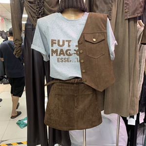 MUMU2023秋装新款韩版V领无袖单排扣马甲外套女百搭A字半身裙套装