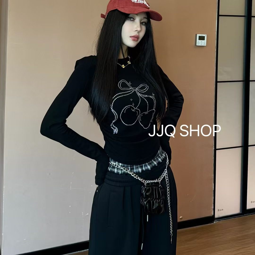 2026春季新款韩系重工烫钻长袖T恤女黑色修身显瘦百搭上衣辣妹风