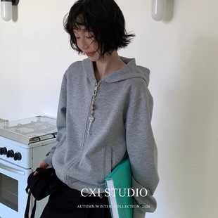 2025早秋新款 卫衣外套女慵懒风宽松上衣 韩版 小众设计连帽拉链开衫