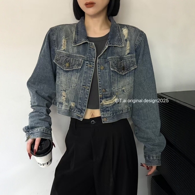 洗水做旧百搭破洞牛仔短外套