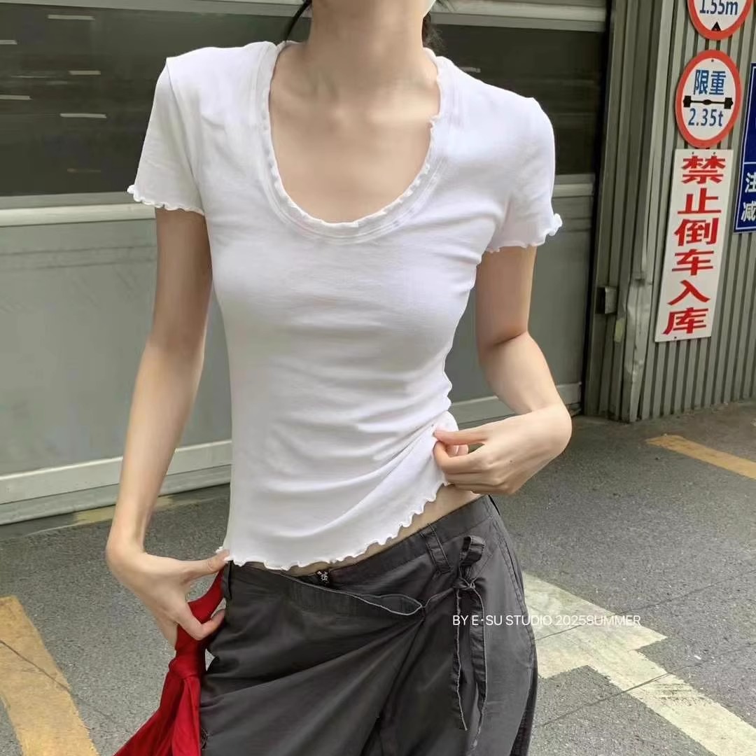2025夏季新款韩版设计感波浪边圆领套头修身显瘦百搭辣妹短袖T恤
