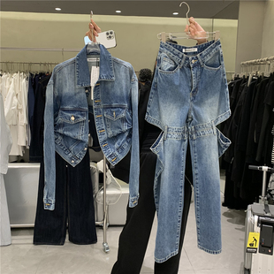 2026春季新款设计感蝙蝠牛仔外套女个性破洞阔腿牛仔裤网红两件套