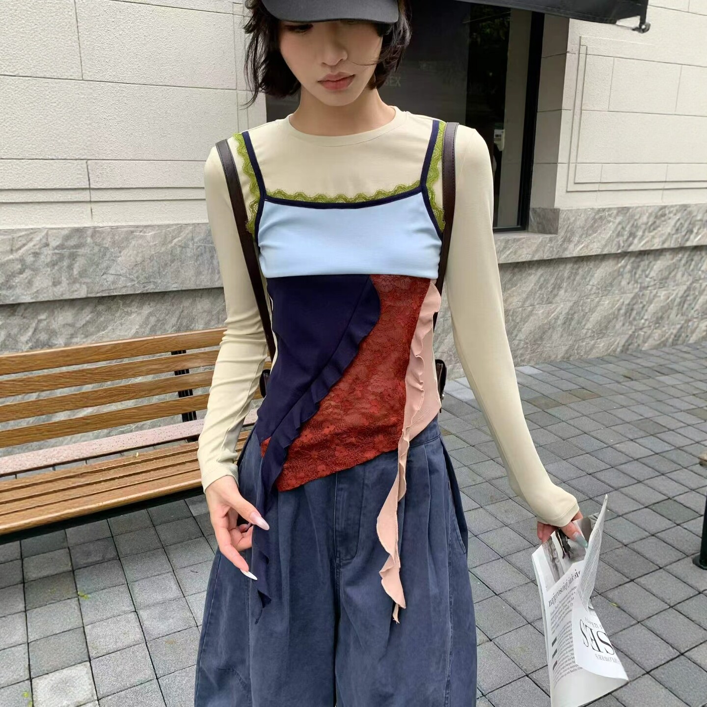 设计感不规则假两件T恤女
