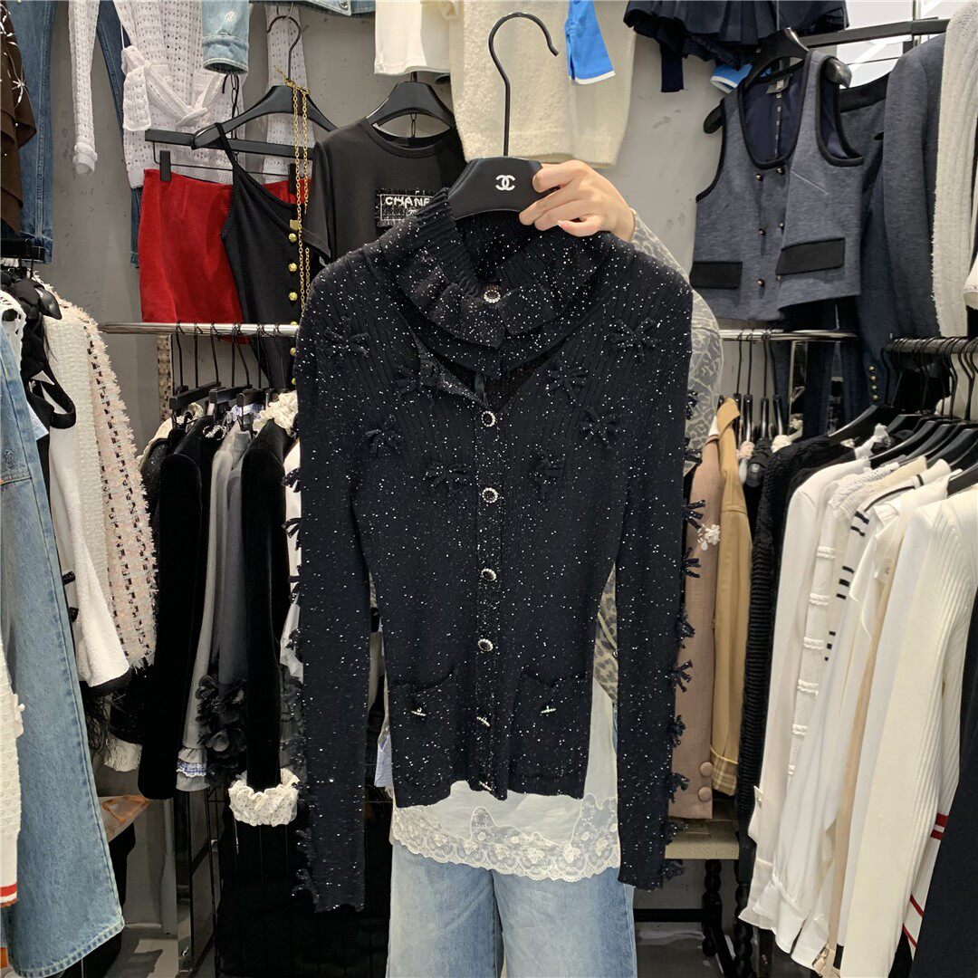 DH2026春季新款韩版小众设计荷叶领性感镂空单排扣百搭针织衫上衣