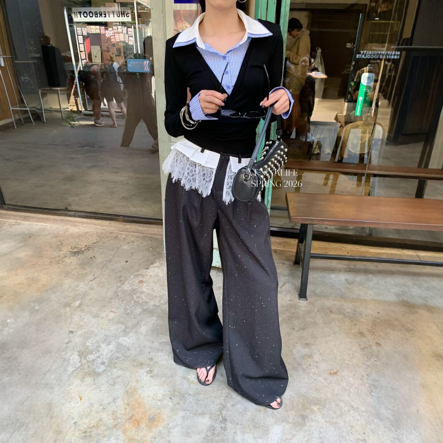 拖地西装裤女2026春季新款设计感蕾丝拼接高腰显瘦百搭休闲阔腿裤