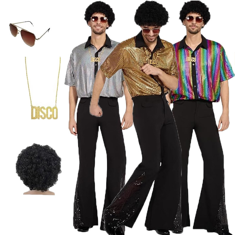 2025新款70年代男生经典休闲复古亮面套装迪斯科表演服装