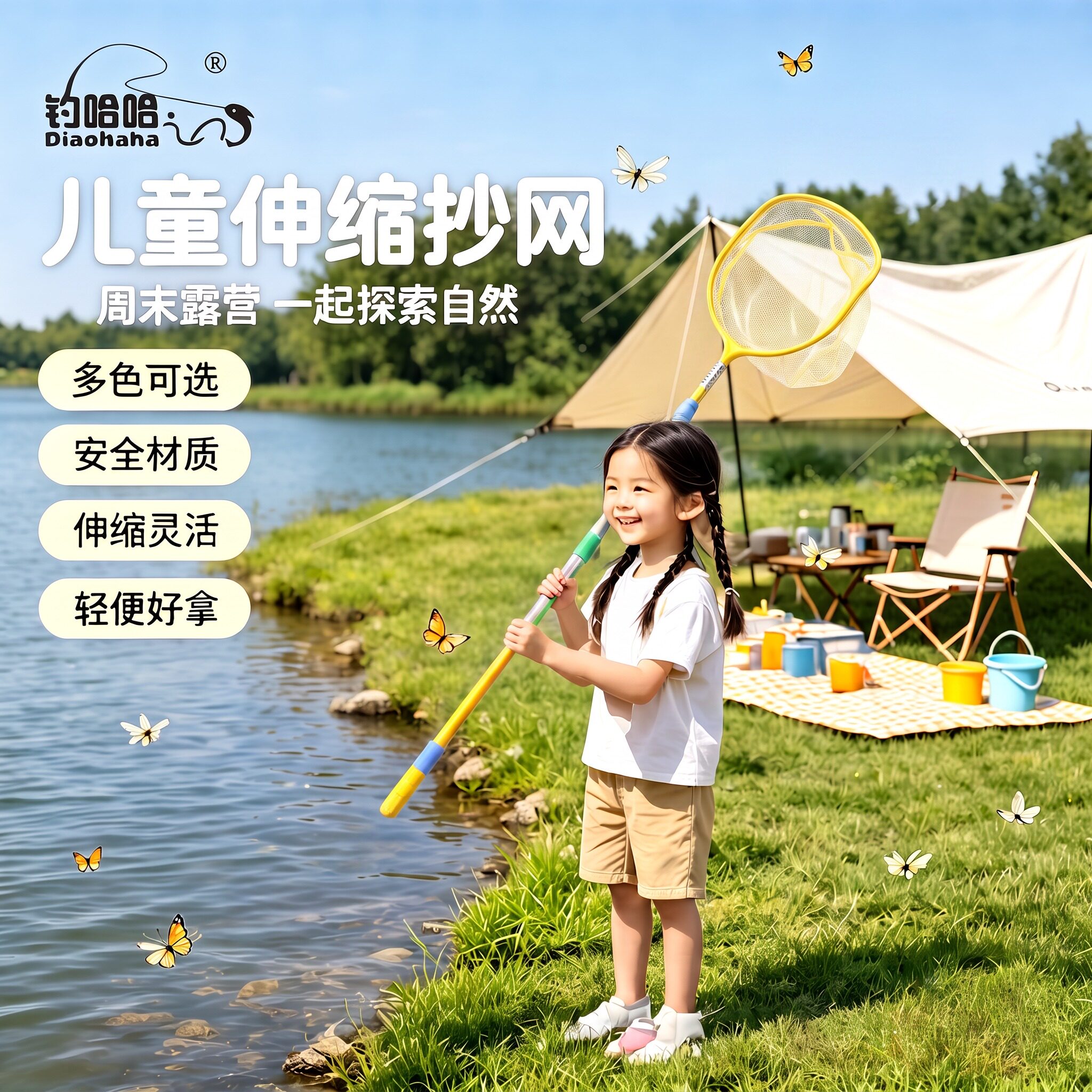 新款轻量儿童伸缩抄网便携式两节沙滩玩具户外垂钓玩具安全材质