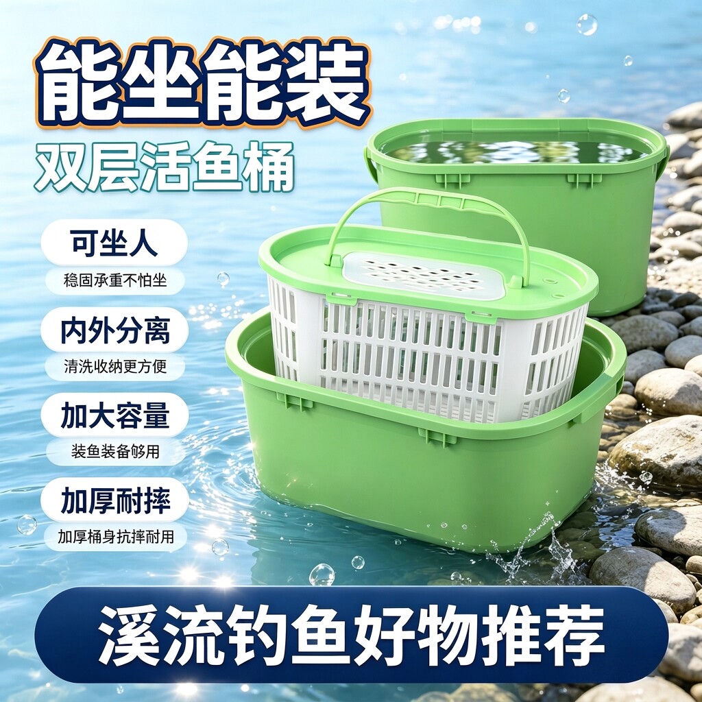 户外活鱼桶钓鱼溪流路亚桶双层充氧加硬可坐人装鱼桶赶海白条桶