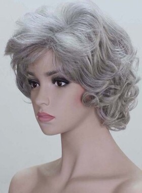 中老年舒适老人奶奶花白假发女短卷发 舞台道具表演出老太太jiafa