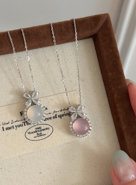 s925纯银在逃公主项链女封底冰透天然玉髓蝴蝶结轻奢感锁骨链