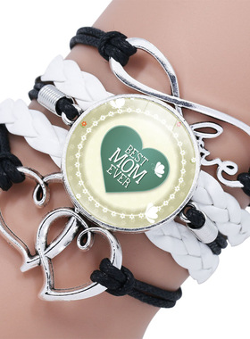 DIY配饰 MOM爱心时光宝石多层黑色多层皮革手链 LOVE母亲节礼物