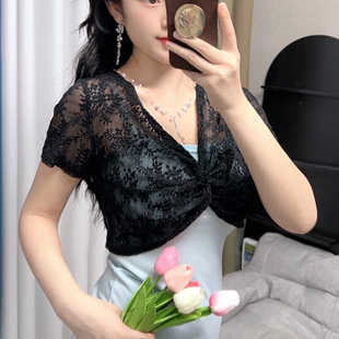 吊带连衣裙外搭 裙子镂空网洞短袖 半截叠穿罩衫 针织蕾丝披肩配夏季