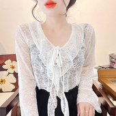 荷叶边蕾丝吊带裙外搭女长袖 披肩防晒网纱镂空配裙子透明短款 上衣