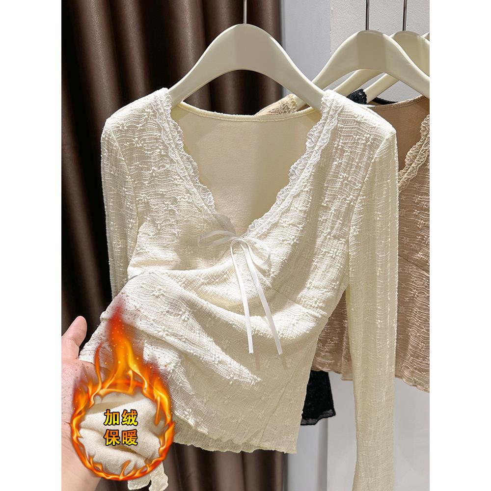 加绒加厚蕾丝打底衫女2025新款秋冬内搭长袖拼接花边V领薄绒上衣