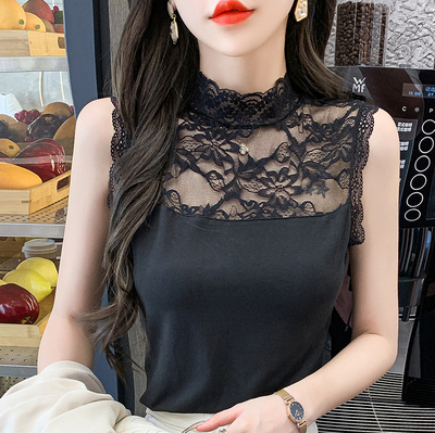 无袖打底衫蕾丝拼接莫代尔
