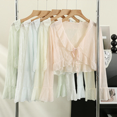 长袖 荷叶边系带蕾丝防晒衣开衫 外搭罩衫 薄款 配吊带裙小披肩 女夏季