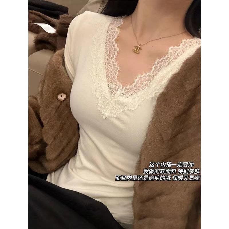 白色蕾丝花边V领打底衫女春秋冬内搭修身微胖显瘦正肩长袖t恤上衣