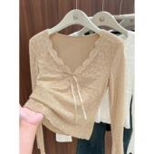 修身 秋穿搭上衣美拉德咖色v领打底衫 独特气质花边蕾丝衫 2025新款