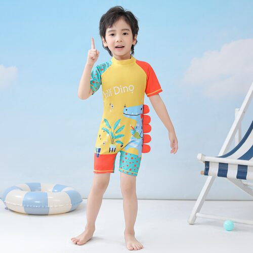 男童恐龙带帽连体泳衣