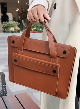 新款小众高级感手提电脑包适用华为联系苹果Pro13.3寸14寸15.6寸16寸通勤多功能文件袋轻薄皮质笔记本电脑包