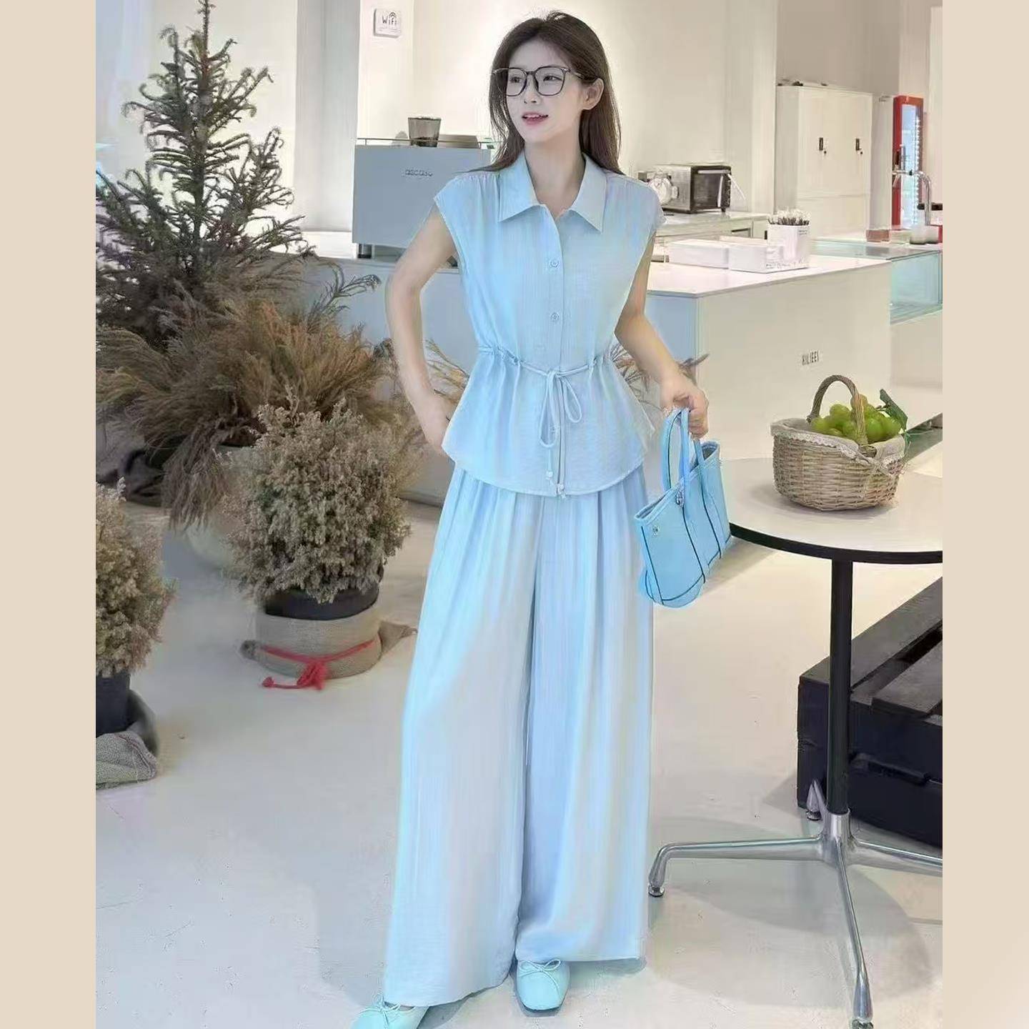 无袖衬衫+阔腿裤两件套女夏季轻熟风收腰法式气质高级感时尚套装