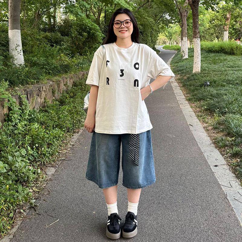 300斤复古阔腿牛仔短裤女夏季新款大码胖mm显瘦梨形身材七分裤子