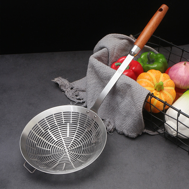 不锈钢木柄漏勺商用牛肉火锅勺捞面长网漏捞饺子加长防烫油炸网漏