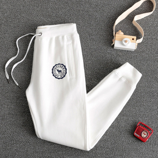 潮牌纯棉运动裤女2025秋冬新款休闲收口加绒裤子白色宽松束脚卫裤