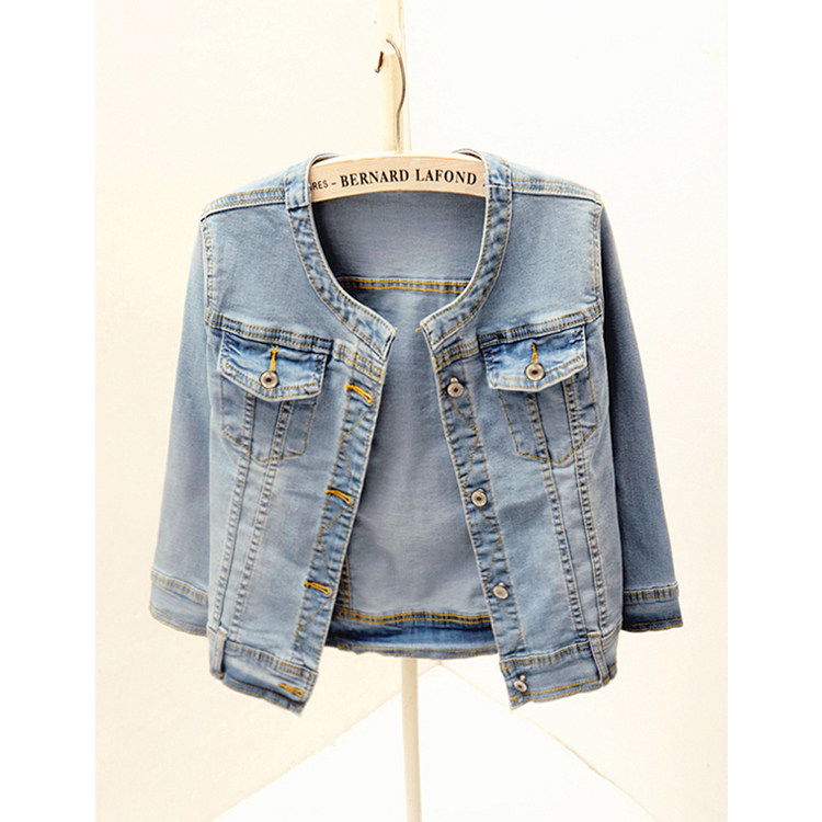 潮牌七分袖牛仔外套女短款2024夏季韩版百搭修身圆领薄款上衣夹克