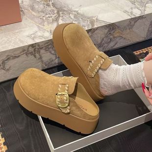 小个子厚底包头半拖勃肯鞋绒面鞋女鞋子百搭乐福鞋秋冬新款毛毛拖