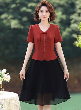 y55小个子年轻妈妈夏装端庄大气连衣裙中老年女气质c95假两件裙子