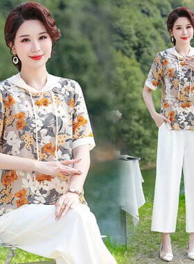 w28中年妈妈装夏装短袖t血上衣t桖减龄c92中老年女连帽衫洋气T恤